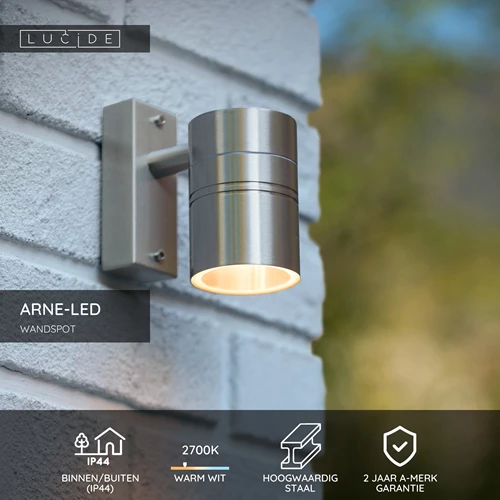 Lucide ARNE-LED - Wandspot / Wandlamp Binnen/Buiten - Ø 6,3 cm - LED - GU10 - 1x5W 2700K - IP44 - Mat chroom - USP